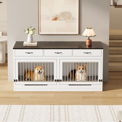 Hundehütte-Möbel 164x60x81 cm aus MDF und Metall, weiß/schwarz, für 2 Hunde – MEUBLIV (1/5)