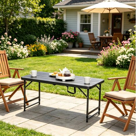 Mesa de jardín plegable regulable en altura 118 x 60 cm, tablero HDPE efecto madera, negro HAVRYA (1/5)