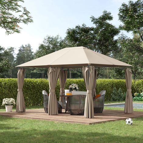 Tonnelle de jardin barnum pavillon style colonial double-toit toiles latérales amovibles 4L x 3l x 2,72H m kaki