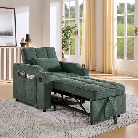 Sofá cama 3 en 1 de madera y tela verde, diseño minimalista con sistema deslizante y puertos USB integrados (1/5)