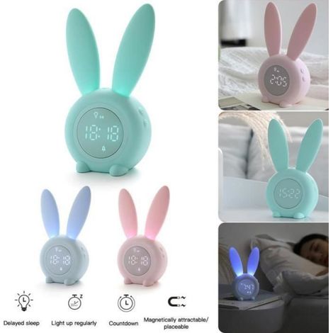 Tragbarer digitaler Wecker in Form eines Hasen mit LED-Licht, wiederaufladbarer Tisch-/Wandwecker für Erwachsene. (1/5)