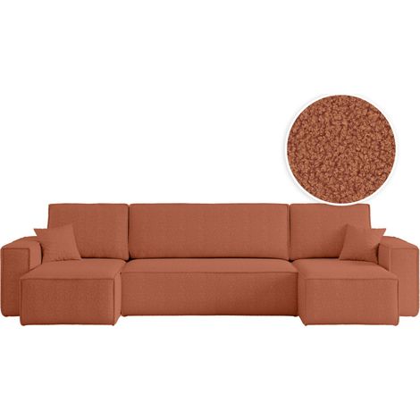 Canapé d'angle FARAH panoramique convertible 6 places en tissu bouclette - Terracotta (1/5)