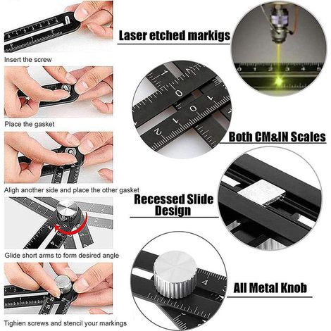 Équerre multifonction en alliage d'aluminium, règle pliante 12 segments pour mesure d'angle, gabarit de pose de carrelage, outil de repérage et traçage précis. (1/5)