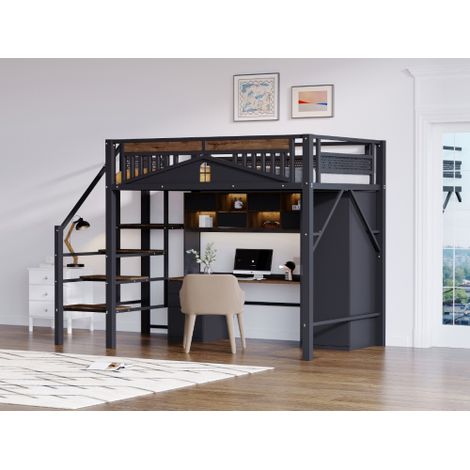 Lit mezzanine en métal — Équipé de barrières de sécurité et d'une échelle sécurisée dotée de compartiments de rangement intégrés.