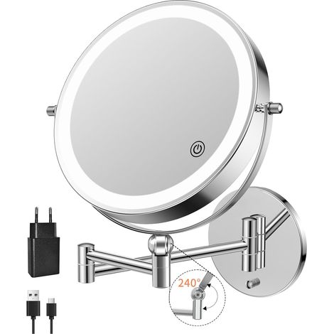 5000mAh Miroir Maquillage Lumineux Rechargeable, 8,7" Double Usage 1X/30X Grossissement, Miroir Grossissant Mural, 3 Températures de Lumière, Réglable en Luminosité, Pivotant 360° (Chrome) (1/5)