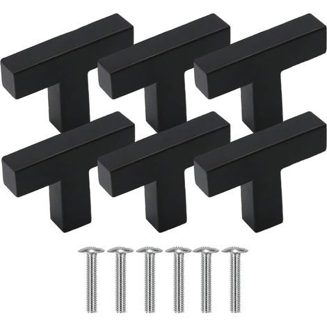 6 Stück Edelstahl-Möbelgriff, T-förmiger Türknauf, 1 Loch, Möbelgriff, schwarze Schubladenknöpfe, quadratische Knöpfe mit Schrauben für Schubladen, Schränke, Kommoden, Schränke (1/5)