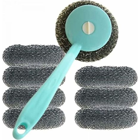ensemble de brosses à pot à long manche pour le nettoyage de la cuisine - 1 brosse à pot bleue à long manche + 8 boules de laine d'acier individuelles (1/5)