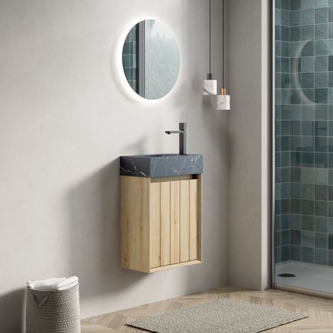 Meuble sous vasque avec 1 porte, vasque intégrée et charnières amorties, pour salle de bain, marbre, Noir et Chêne Blanc (1/5)