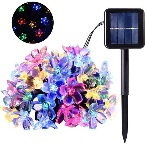 Solarbetriebene Lichterkette mit Blumenmotiven, 7 m/22,97 ft, 50 Stück, Kirschblüten, bunte LEDs, Lichterkette für den Außenbereich, Beleuchtung für Weihnachtsbaum, Garten, Terrasse, Zaun (1/5)