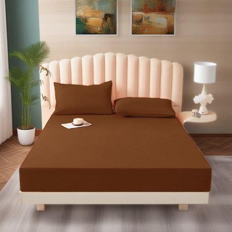 Parure de drap-housse (avec deux taies d'oreiller de 50 x 75 cm), en microfibre de polyester, adaptée aux matelas jusqu'à 30 cm d'épaisseur, 100 x 200 x 30 cm, coloris café (1/4)