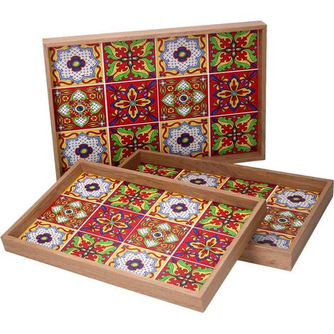 Set 3 Vassoi Rettangolari da Cucina in Legno Multicolor