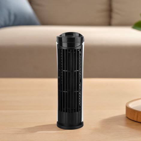Ventilatore a torre senza pale Toivize, alimentato tramite USB, 2 velocità, lampada da scrivania a LED regolabile, design compatto, nero, per casa e ufficio. (1/4)