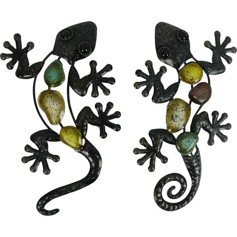 Gecko - Sculpture Murale En Métal - Décoration Extérieure Pour Jardin Clôture Ou Mur Intérieur - Lot De 2