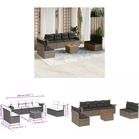 Salon de jardin 9 pcs avec coussins gris résine tressée - Ensemble Salon De Jardin - Meubles De Jardin - Salon Extérieur - Mobilier De Jardin - Chaise Lounge - Home & Living (1/3)