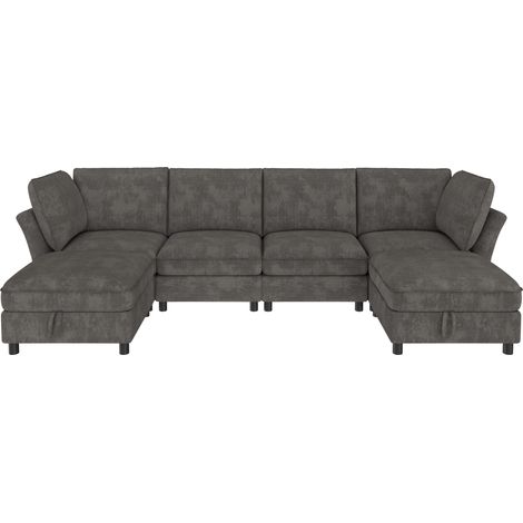Modulares U-/L-Ecksofa für 6 Personen aus grauem Chenille mit Stauraumhocker MODENUIT (1/5)