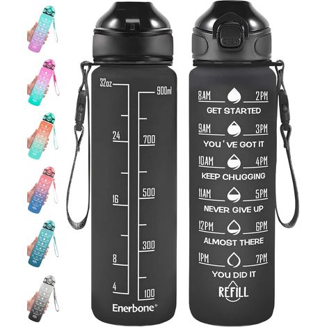 Bouteille d'eau 32oz avec marquage horaire et paille, gourde motivante noire, anti-fuite, bandoulière incluse (1/5)