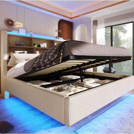 REDOM - Lit double - 140x200 cm - avec LED - rangement hydraulique - ports USB et Type C - lin - beige (Sans matelas) (1/5)