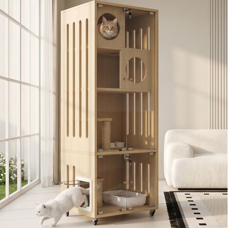 Meuble pour chat à roulettes, porte vitrée verrouillable, chatière, naturel HAVRYA (1/5)