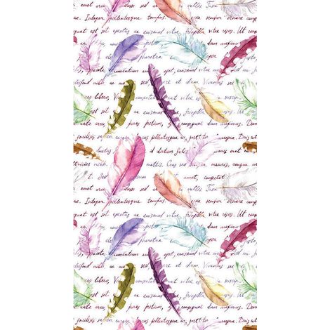 Feathers, rideau imprimé plumes multicolores et écriture manuscrite violette 140x245 cm, 1 pièce (1/2)