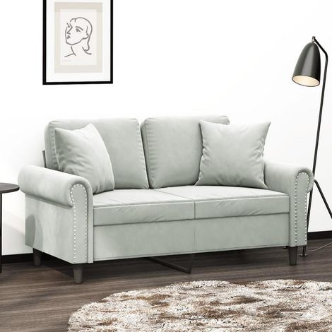 2-Sitzer Sofa Samt Hellgrau 120 cm mit Zierkissen (1/5)