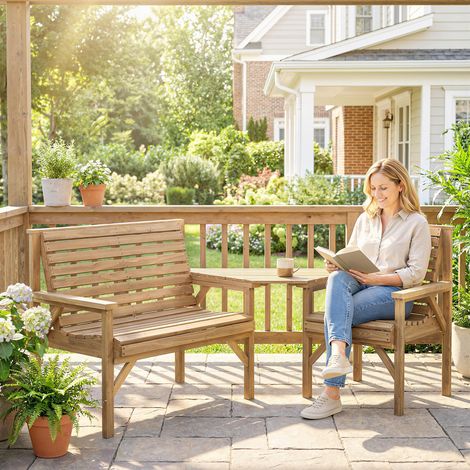 Gartenstühle 3er-Set, Balkonmöbel Set mit Sonnenschirmloch, Gartenstuhl, Bank, abnehmbarem Tisch 121x65x90 cm Naturholz