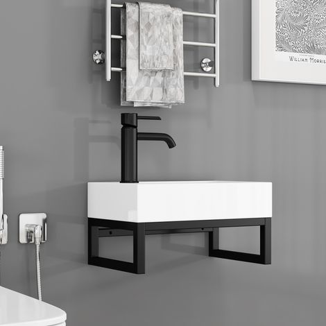 REDOM lavabo mural mini 40x21x25 cm, con orificio de rebosadero, premontado, estructura metálica, negro (1/5)