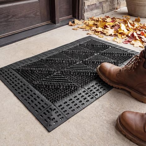 Tapis d'extérieur robuste, antidérapant, grattoir à saleté, paillasson pour porte d'entrée avec marteau d'installation, tapis de porte d'entrée avec trous de drainage, 45 x 75 cm, noir (1/5)