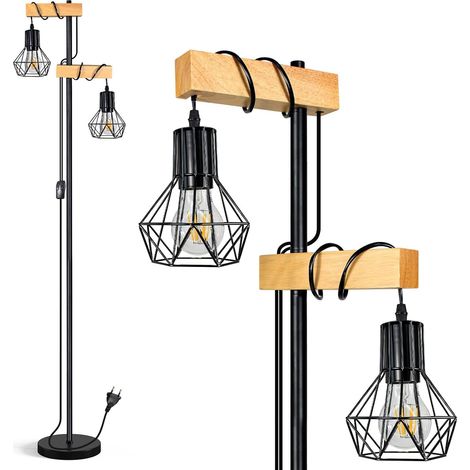 Lampadaire LED à 2 ampoules E27 - En bois - Vintage - Rustique - Noir - En métal - Avec interrupteur à câble - Pour salon, chambre à coucher, bureau (1/5)