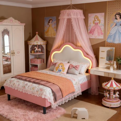 FOERPL-Gepolstertes Einzelbett 90 x 200 cm mit LED-Beleuchtung, Kinderbett 90 x 200 cm mit höhenverstellbarem Wolken-Kopfteil, Prinzessinnen-Mädchenbett mit Lattenrost Jugendbettgestell