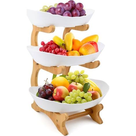 Corbeille à fruits 3 étages avec bols en plastique épais, pour cuisine, buffet apéritif, décoration moderne – Blanc (1/4)