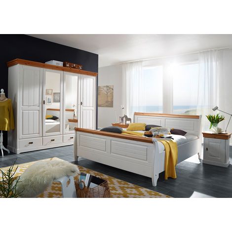 Schlafzimmer Set mit Bettgestell 180x200 cm SAVONA-69 in Kiefer massiv weiß mit honig (1/5)