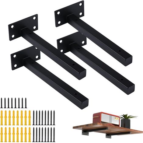 4 Pcs Équerre Étagère 25CM ​Support Étagere pour Murale Fixation, Supports d'étagère Murale,Robuste Support d’Angle,Support Flottant Industriels,Plateaux de Fixation Rétro en Métal avec Vis Noir (1/5)