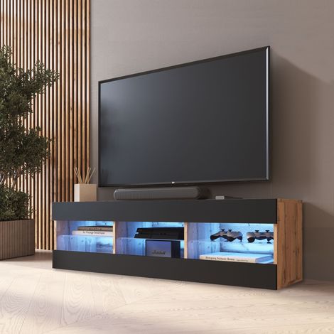 Komodee, Meuble Banc TV Tivoli 140, Wotan/Noir, Largeur 140cm x Hauteur 40,5cm x Profondeur 35cm, LED Bleues, pour Salon, Chambre (1/5)