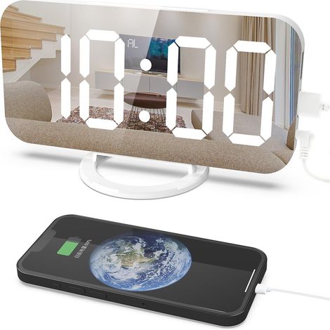 Réveil numérique avec grand écran LED intelligent, miroir, fonction snooze et agenda. Compatible avec un ordinateur de bureau, il dispose de 2 ports de chargement USB et est compatible avec Android 4. (1/5)