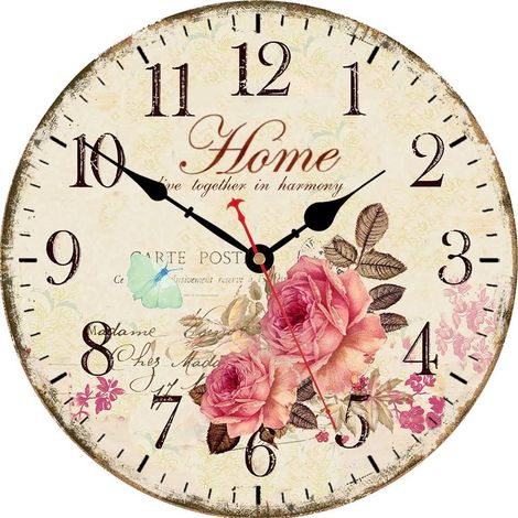 Horloge murale en bois VIKMARI 14 pouces, silence, sans tic-tac, piles, ronde, style floral, chiffres arabes, décor. (1/5)