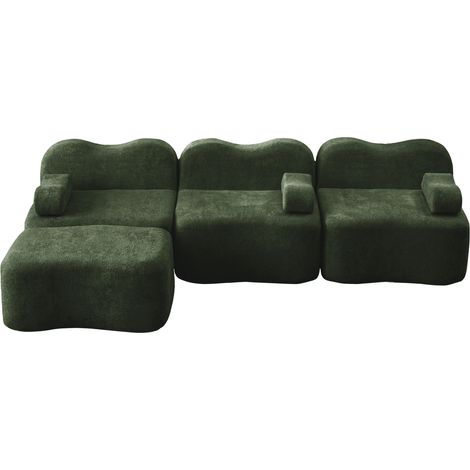 Sofá modular en L de 3 plazas con 1 otomana, terciopelo verde, espuma 32D, asiento profundo (1/5)