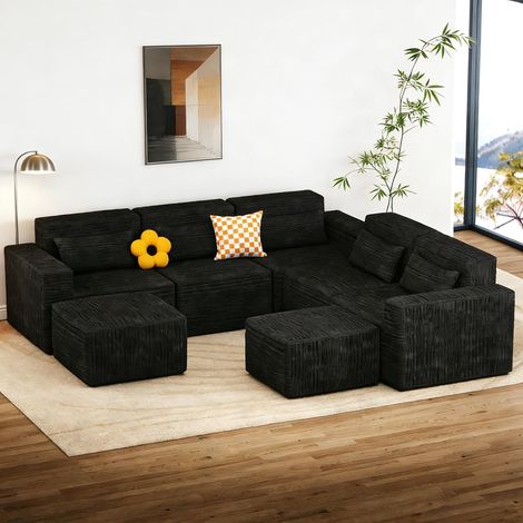 Modular Sofa 258cm Boneless Cloud Couch L Shaped Couch Corner Sofa Memory Foam Corduroy Wide Armrest Deep Seat Pillow Bottom Anti-Slip Living Room Bedroom No Assembly Required Black 5 Seater&Ottomans