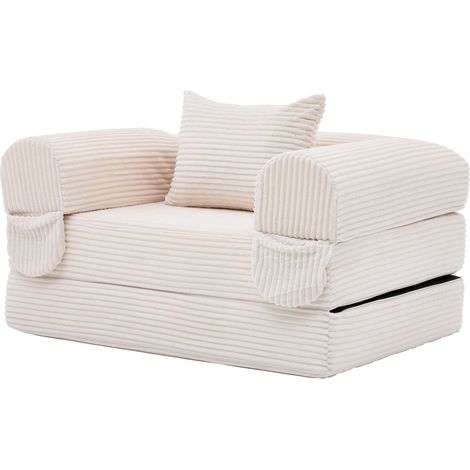 Canapé convertible 1 place 120x85x65 cm, velours côtelé , transformable en lit, avec coussin, beige (1/5)