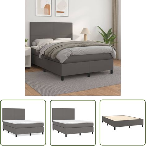 The Living Store Sommier à lattes de lit avec matelas Gris 140x200 cm Similicuir - Lit Tapissier - Lit Double - Matelas Ressorts Ensachés - Tête De Lit Ajustable - Literie Grise (1/5)