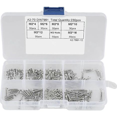 Kit d'assortiment de 230 vis et écrous à tête plate M2 en acier inoxydable 304 avec boîte