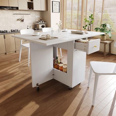 Table à Manger Pliante 120x75x75cm - Desserte de Cuisine Mobile avec Tiroirs et Rangement - 2 à 4 Personnes - Blanc (1/5)