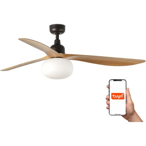 Faro Outwood Grand ventilateur de plafond à 3 pales, marron foncé, bois de chêne, avec éclairage 1x E27, système intelligent Tuya (1/2)