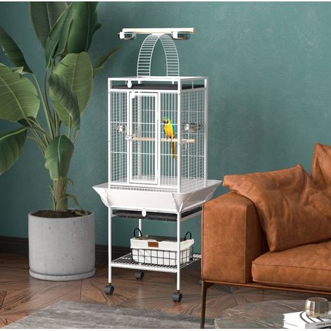 Papageienkäfig mit 3 Türen, 2 Sitzstangen, 360° Rollen, 62,5 x 62,5 x 156 cm, Weiß OKMYHOME (1/5)