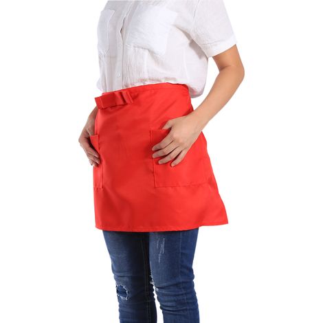 Tablier de cuisine demi-taille rouge uni, avec nœud et deux poches, idéal pour cuisiner (1/3)