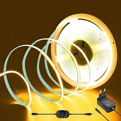 Bande LED COB 2 m, blanc chaud, dimmable, avec alimentation et variateur, IRC 92+, largeur 8 mm, idéale pour meubles, TV, cuisine, salon (bricolage), 3000 K (1/5)