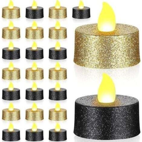24 goldene LED-Teelichter mit Glitzer, schwarze, flammenlose Votivkerzen, batteriebetrieben mit warmgelbem Licht für Weihnachten, Hochzeiten, Tischdekorationen und Geburtstage