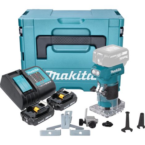 Fresatrice per bordi a batteria Makita DRT 52 SAJ 18 V 6 mm senza spazzole + 2x batteria ricaricabile 2,0 Ah + caricabatterie + Makpac