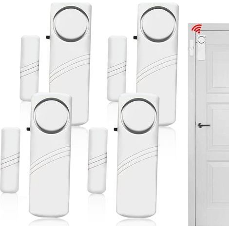 Lot de 4 mini alarmes autocollantes pour fenêtre et porte avec capteur magnétique sans fil 90 dB - Système d'alarme de sécurité domestique sans fil pour la sécurité à la maison , le camping-car (1/5)