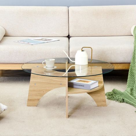Moderner runder Glascouchtisch – Ø 80 cm mit transparenter Platte, multifunktionales Design. Fächerförmiges Gestell, Tischbeine aus MDF mit Holzoptik in Naturholzfarbton. Ideal für Wohnzimmer. (1/5)