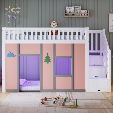 Lit mezzanine mi-hauteur 90x200 avec escalier rangement et LED - Pin massif et MDF - Espace jeu et barrières - Sécurité EN747 - Charge 120kg - Blanc et Rose (1/5)